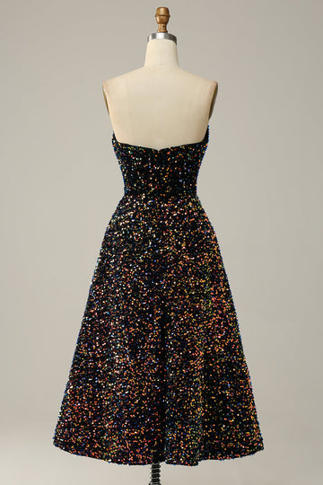 A Line Sweetheart Black Sequins Midi Ball Dress